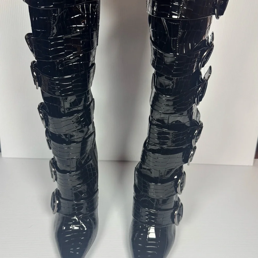 Black Croc Embossed Buckle Knee High Boots – CINZIA Goth Festival